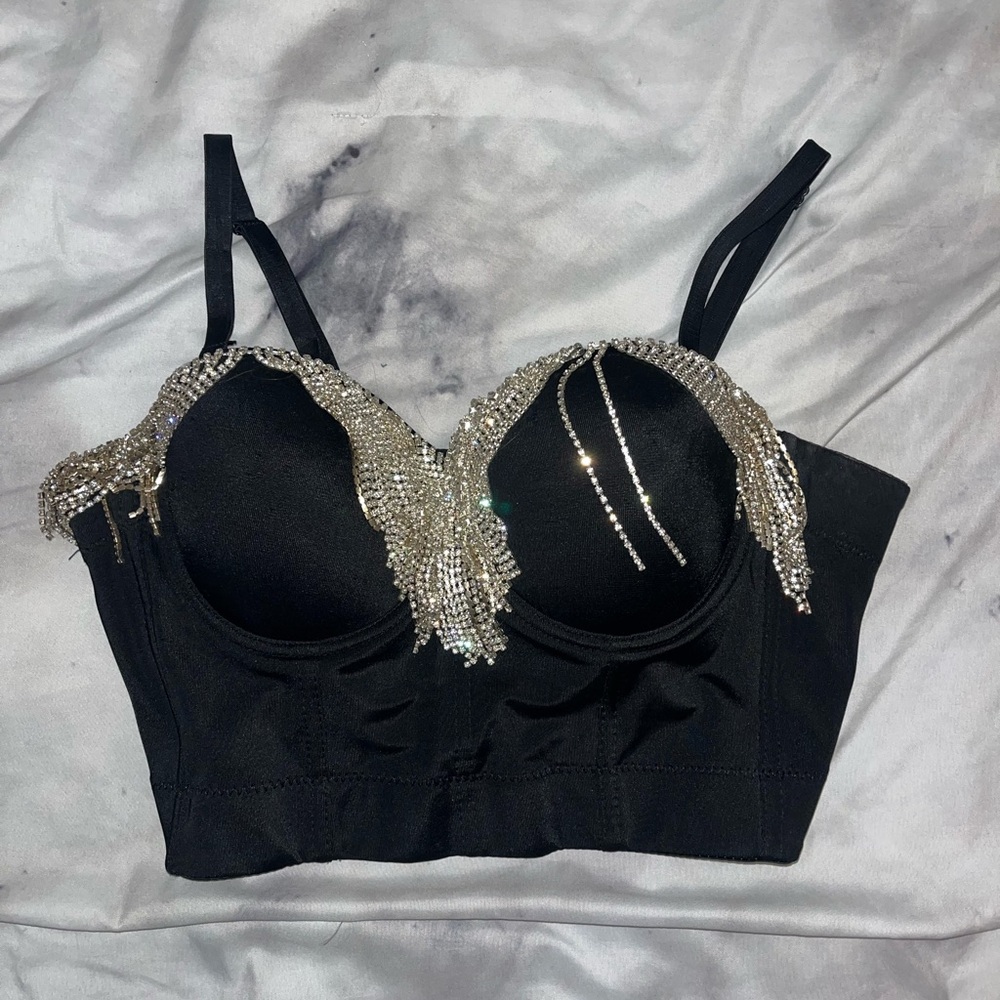 Rhinestone fringe bustier bra top